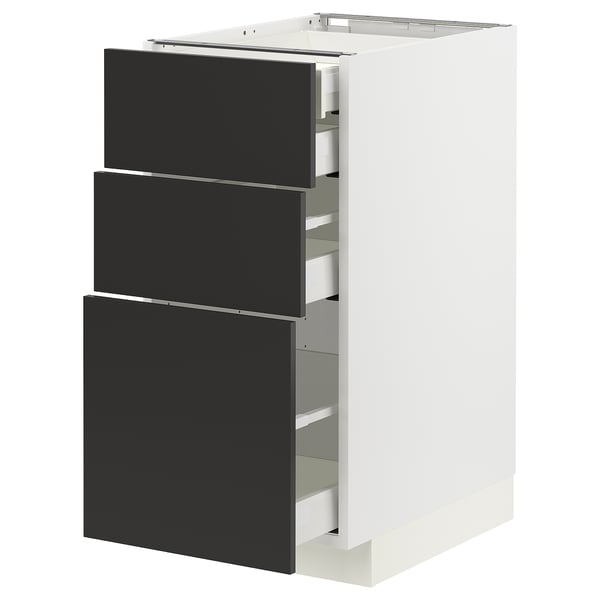 METOD kitchen unit with 3 black drawers, modern minimalist design.