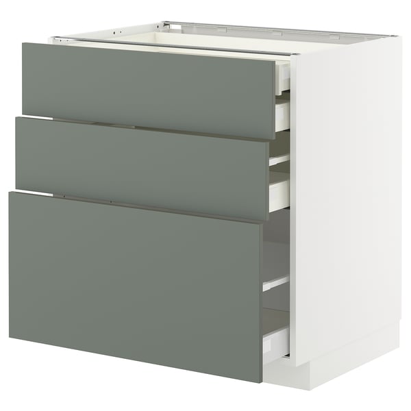 Modern grey-green METOD kitchen unit with 3 drawers.