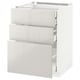 A white METOD kitchen cabinet with three drawers, featuring a sleek, modern design in glossy finish.