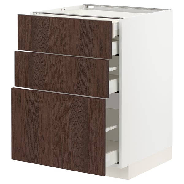 This image shows a METOD kitchen cabinet with three dark brown wooden drawers and a white body.