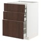 This image shows a METOD kitchen cabinet with three dark brown wooden drawers and a white body.