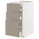 Modern kitchen cabinet with matte grey-beige drawers, three-drawer design, integrated handles, and soft-close feature.