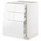 A white METOD kitchen cabinet with multiple drawers and a top shelf. It a smooth modern design with integrated handles.