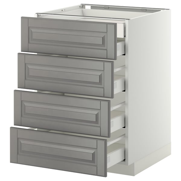 Modern grey kitchen cabinet with four grey drawers and white frame.