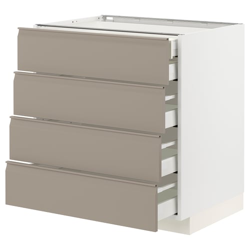 A modern kitchen cabinet named METOD with four grey-beige drawers featuring integrated handles and a sleek, chamfered edge design.