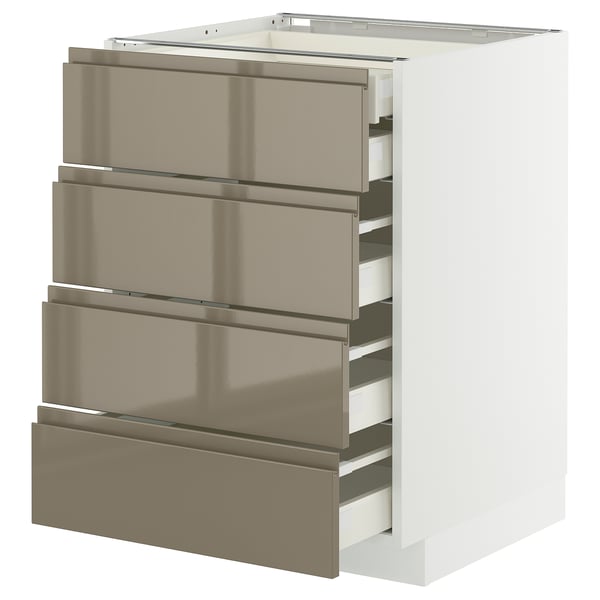 Modern kitchen cabinet with metallic beige drawers, sleek and shiny finish, integrated handles, smooth edges, and a white base.