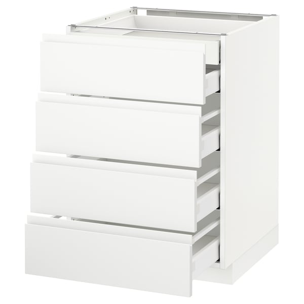 A white METOD kitchen cabinet with multiple drawers and a minimalist design.