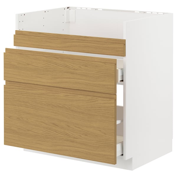 Modern kitchen unit, METOD, white, oak panels, minimalist, square, three drawers.