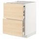 Wooden kitchen cabinet with two open drawers, light ash colour, white frame.