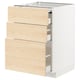 Modern kitchen cabinet with light ash wood drawers on white base, three open drawers.