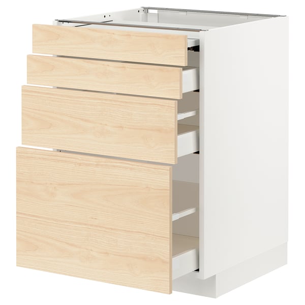 A METOD kitchen cabinet in white with light ash wooden drawers. It multiple smooth-running drawers and a pull-out work surface.