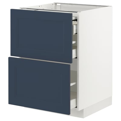 A blue and white METOD kitchen cabinet with two pull-out drawers. The cabinet is modern, with a sleek design and sturdy frame.