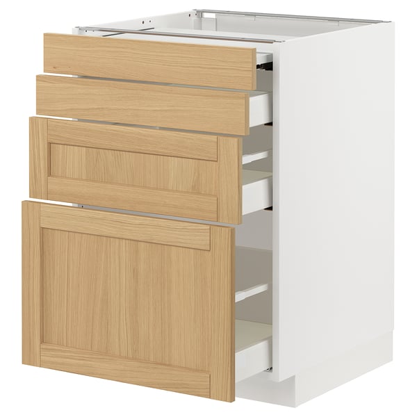 METOD white kitchen unit with oak veneer drawers and pull-out work surface.