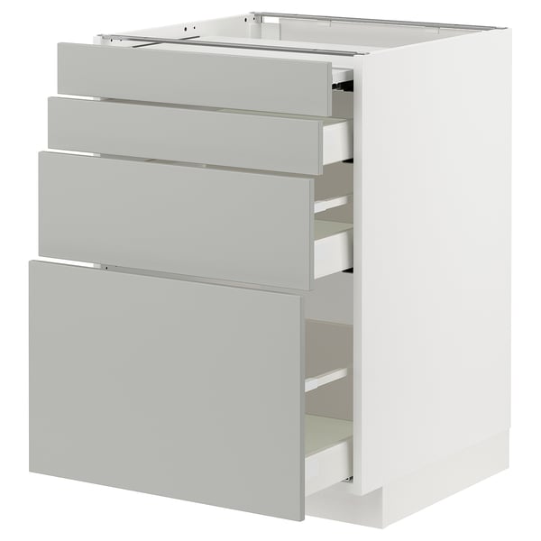 Modern white kitchen cabinet with multiple grey drawers, sleek design.