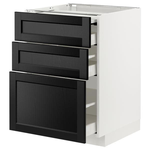 This image shows a modern white cabinet with three black stained wooden drawers featuring bevelled edges.