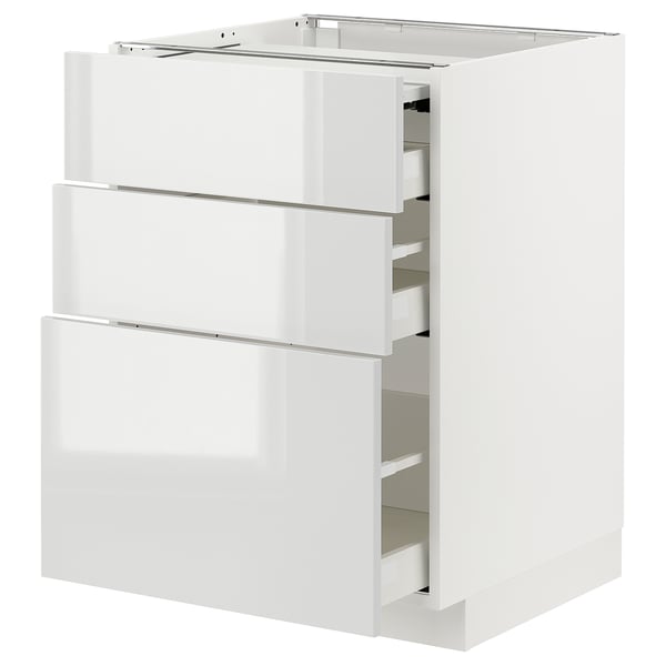 METOD kitchen cabinet, white. Modern, glossy, rectangular, with three drawers.