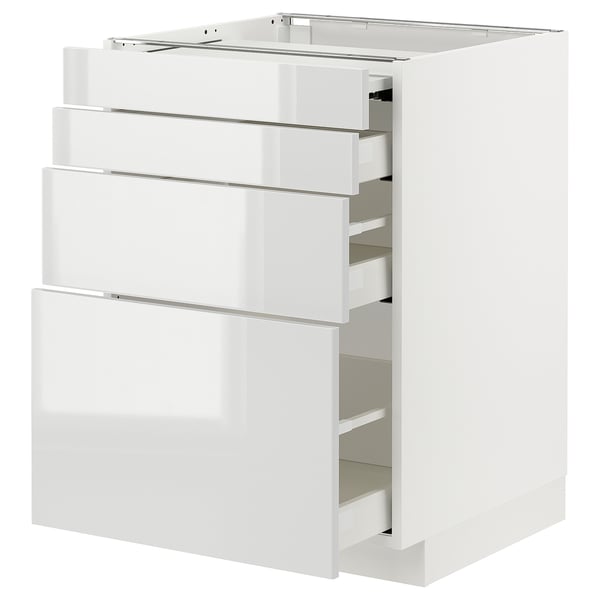 White METOD kitchen cabinet with drawers and pull-out work surface, glossy finish, metallic accents.