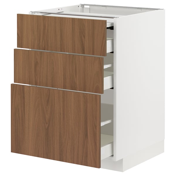 Modern white kitchen cabinet with walnut wood drawers, sleek design, smooth surfaces, three large drawers, self-closing feature.