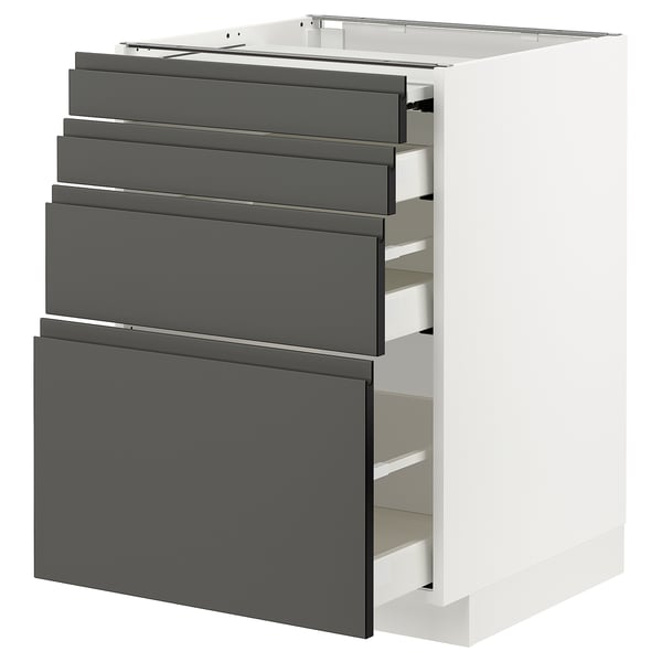 A white METOD kitchen unit with dark grey voxtorp drawers. It six drawers, including one pull-out work surface, known for its modern and sleek design.