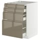 Modern kitchen cabinet in white with sleek stainless steel drawers. Five drawers with a metallic finish. Elegant, organised storage solution.