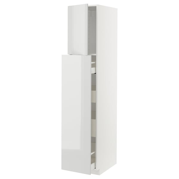 A white METOD tall kitchen cabinet with a sleek, modern design. The cabinet has multiple compartments and a smooth, glossy finish.