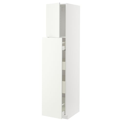 A white METOD kitchen cabinet set with modern design. It tall and high cabinets for storage, made from particleboard and metal hinges.