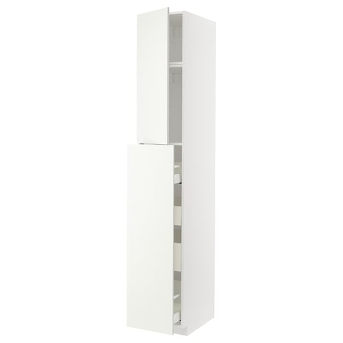 A white METOD kitchen cabinet. It has multiple shelves and a sleek, modern design.