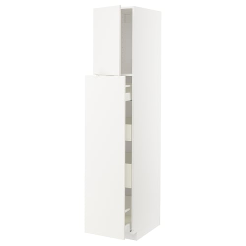 A white METOD kitchen cabinet with a sleek design, featuring multiple shelves for storage.