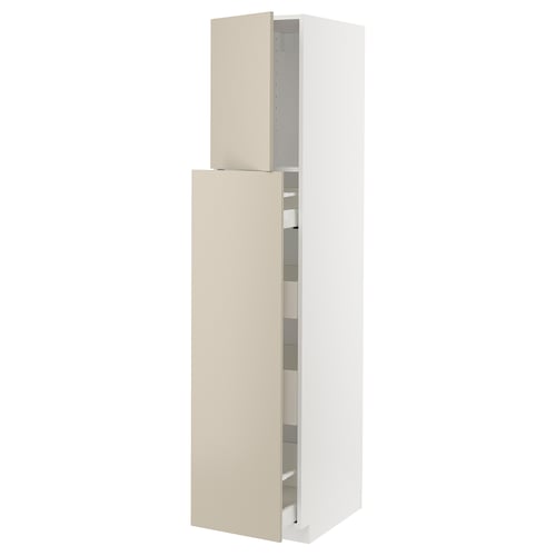 METOD kitchen cabinet in beige with white frame, square shape, modern clean design.