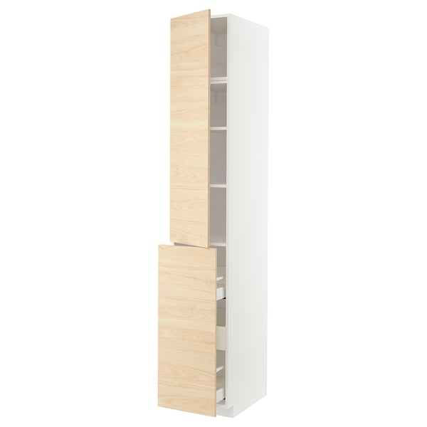 Ikea METOD kitchen cabinet in light ash. Vertical, tall unit with one open wood-patterned drawer and two shelves.