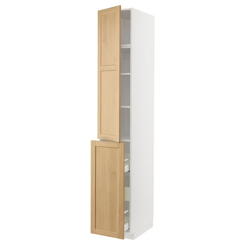 White kitchen cabinet with oak doors, one open showing shelves.