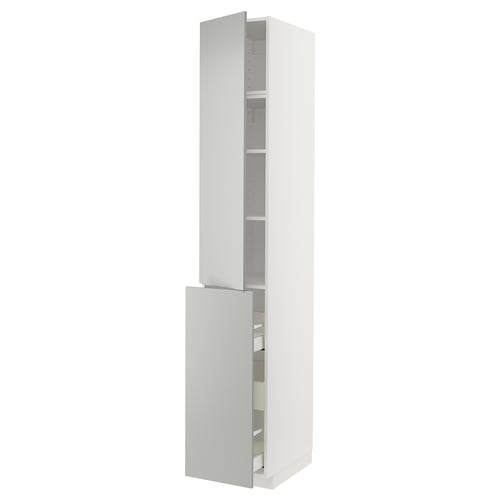 A white METOD kitchen cabinet with light grey havstorp fronts, a modern and clean design. It has two sections with shelves inside.