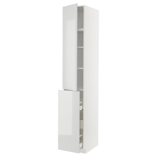 A tall white cabinet with high-gloss finish and integrated shelves, designed for modern kitchens.