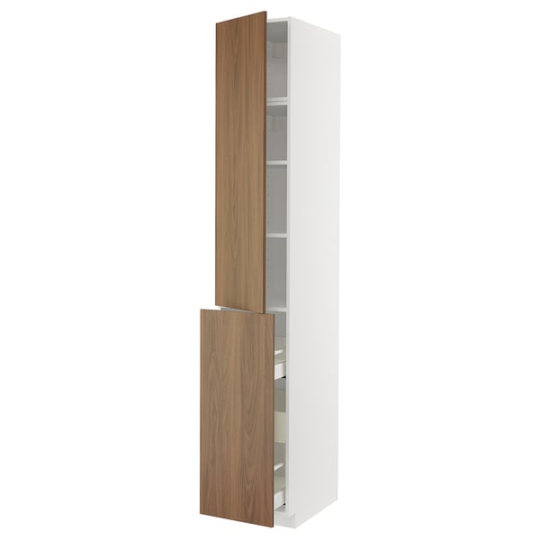 METOD kitchen unit: tall white cabinet with walnut doors, adjustable shelves, soft-closing drawers.