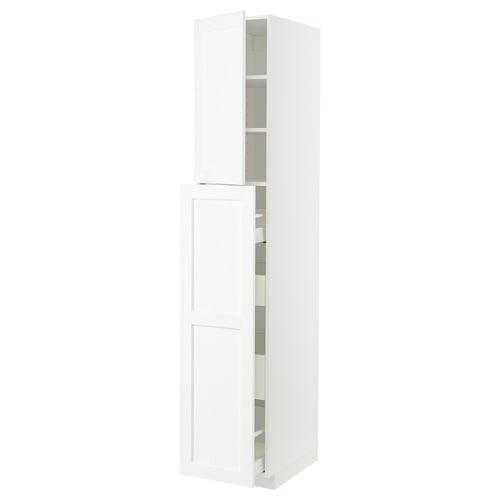 A white METOD tall kitchen storage unit with multiple shelves. Its sleek, modern, and offers plenty of storage space.