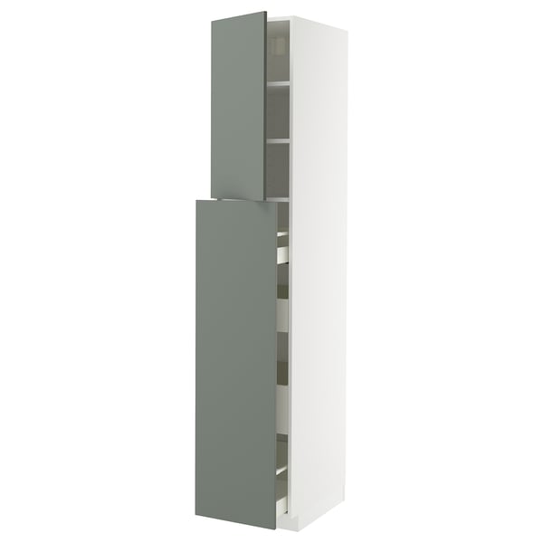 Modern tall kitchen cabinet with gray-green smooth doors and white frame.
