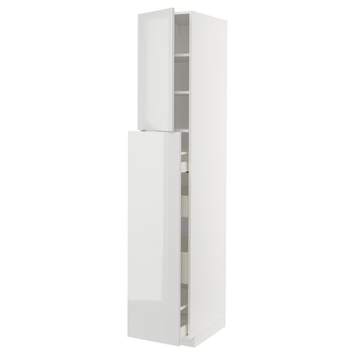 A white, slim, tall kitchen cabinet with shelves inside. It stands upright and modern, clean lines with a glossy finish.