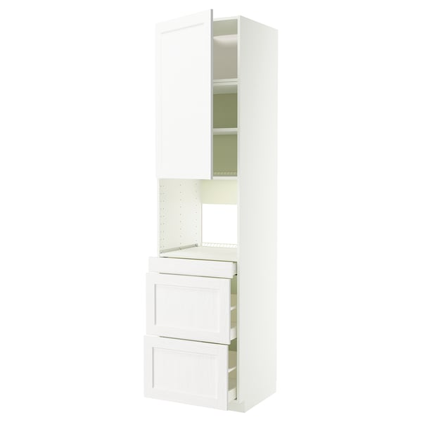 White METOD kitchen cabinet with two drawers and an upper shelf unit. Modern design with textured doors.