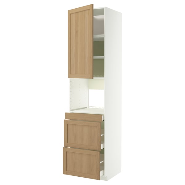 METOD kitchen unit with oak veneer doors, white frame, include drawers and shelves.