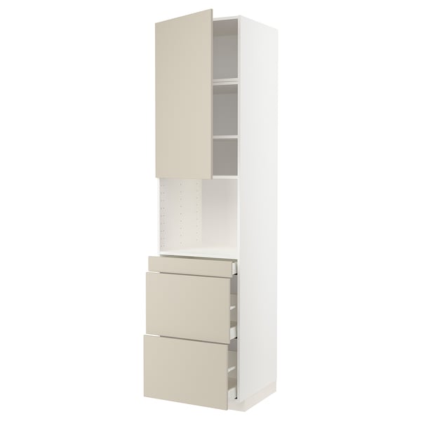 A tall, white METOD kitchen cabinet with beige drawers and a smooth finish. It multiple shelves and drawers for storage.