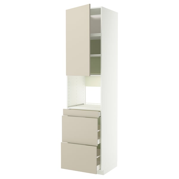 A beige-colored METOD kitchen cabinet with a sleek, modern design. It has an open door revealing shelves, and two drawers below.