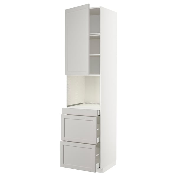 METOD kitchen cabinet, light grey, wooden, tall with open top and 2 drawers, modern design.