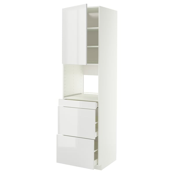 A white modern kitchen cabinet with glossy finish, featuring drawers and open shelves.