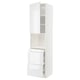 Modern white METOD kitchen cabinet, glossy finish, has two open doors, three drawers, and a single shelf.