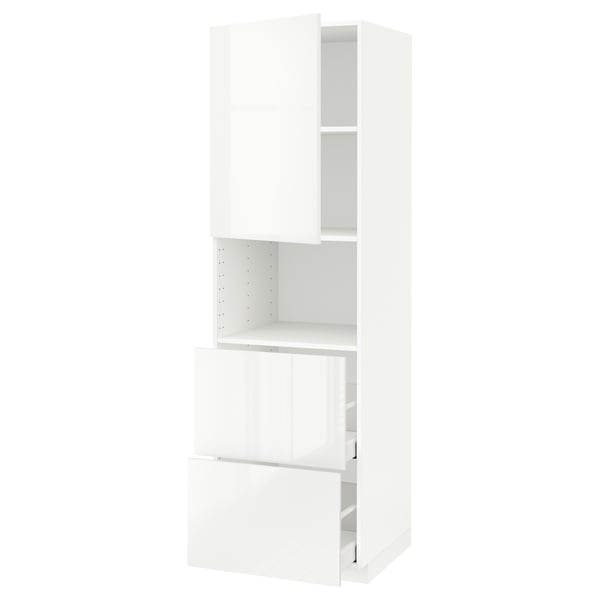 Modern white high gloss kitchen cabinet with open door and drawer.