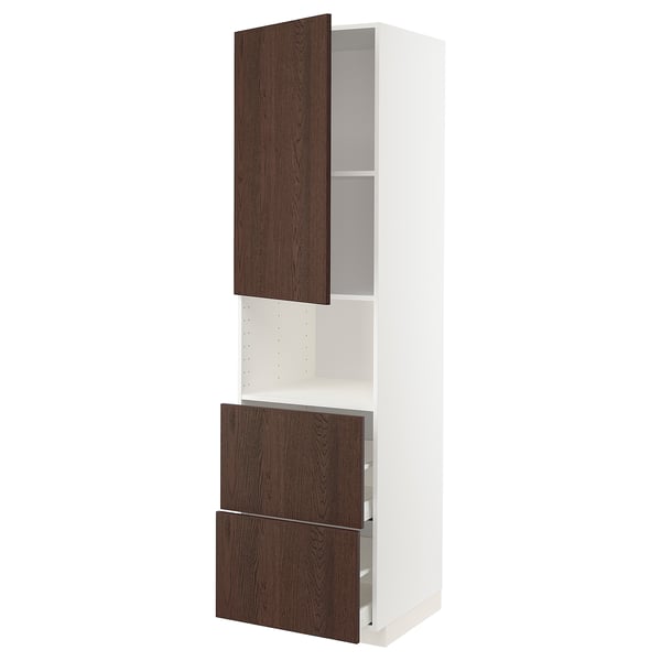 METOD kitchen unit, white with dark brown doors, tall, vertical with drawers and shelves.
