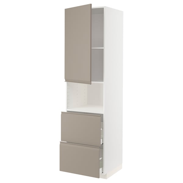 Modern high kitchen unit in grey-beige with two drawers and open top cabinet.