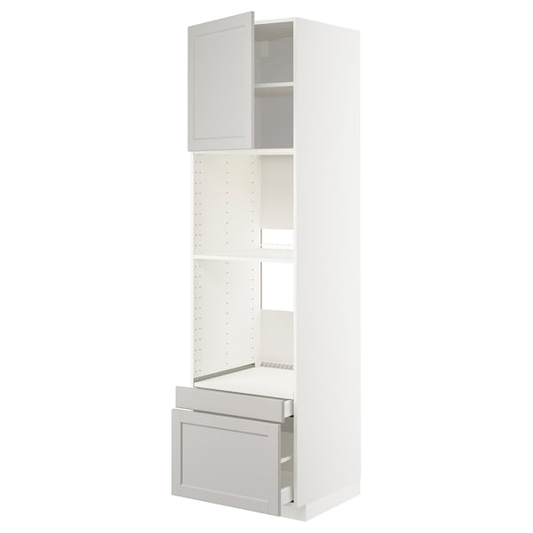 A white METOD kitchen cabinet with a light gray lerhyttan front, featuring a drawer and an adjustable shelf.