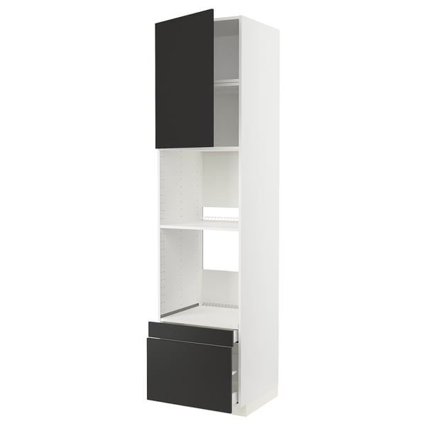 Modern white kitchen cabinet with black doors and shelves, tall, sleek, versatile design.
