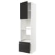 Modern white kitchen cabinet with black doors and shelves, tall, sleek, versatile design.